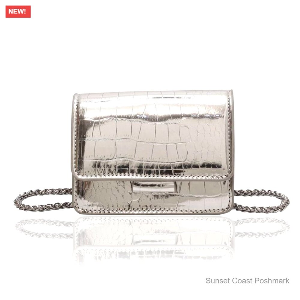 Metallic Croc Embossed Mini Crossbody Bag Y2K Chic Chain Strap Handbag